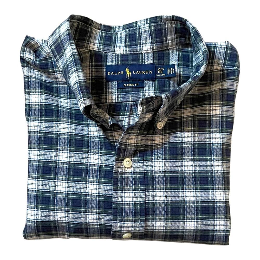 Polo Ralph Lauren Men's XLT Blue Plaid L/S Button Down Shirt Navy Pony CLEAN!